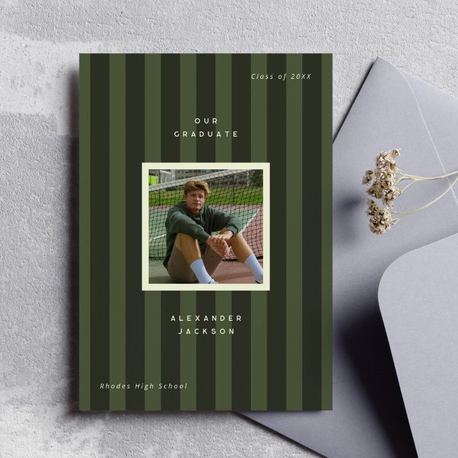 Anúncio Green Sporty Stripes Graduation Photo  (green sporty stripes male graduation photo announcement )