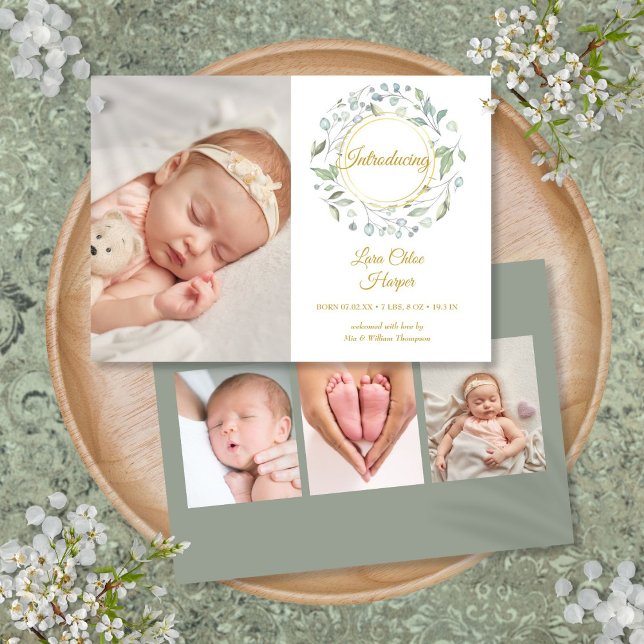 Anúncio Greenery Floral 4 Foto Nascimento do Bebê  (Greenery Floral 4 Photo Baby Birth Announcement)