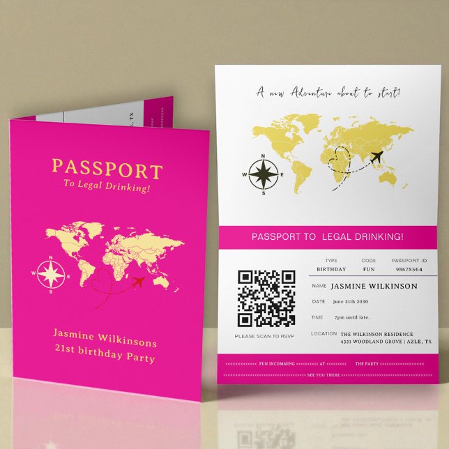 Anúncio Hot Pink Passport Style 21st Birthday Party  (colors can be changed just message with the color hex code you want and ill be happy to change it.)