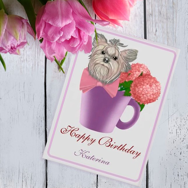 Anúncio Hydrangeas rosa e Yorkshire Terrier Birthday (Criador carregado)