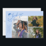 Anúncio Icy Blue Hand Written Thank You Multi Photo<br><div class="desc">Modern and whimsical graduation announcement photo card featuring 3 photos on the front and 1 on the back. The text says "Thank You" with twinkling stars. Add the graduate's name,  information,  and message to personalize this card. Icy blue.</div>