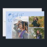 Anúncio Icy Blue Hand Written Thank You Multi Photo<br><div class="desc">Modern and whimsical graduation announcement photo card featuring 3 photos on the front and 1 on the back. The text says "Thank You" with twinkling stars. Add the graduate's name,  information,  and message to personalize this card. Icy blue.</div>