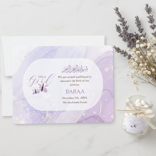 Anúncio Islamic Baby Girl Aqeeqah Birth Announcement Card (Criador carregado)
