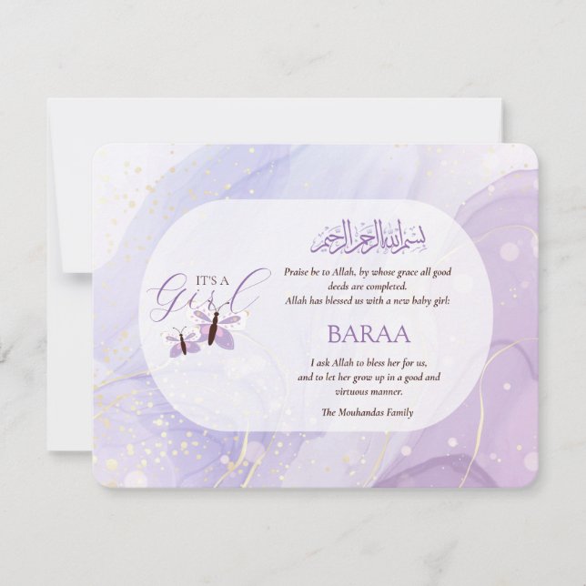 Anúncio Islamic Baby Girl Birth Announcement Card Aqeeqah  (Frente)