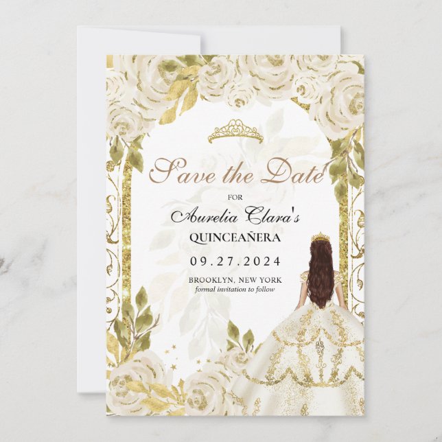 Anúncio Ivory White Floral Princesa Dourada Arco Quinceane (Frente)