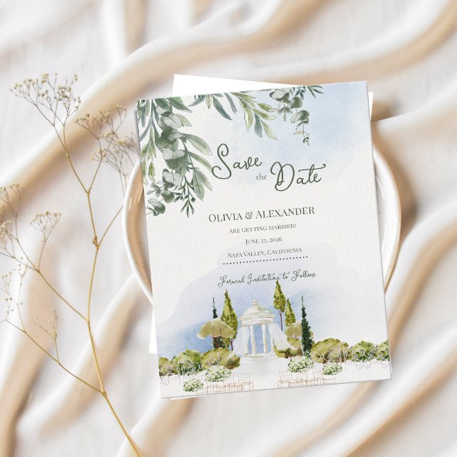Anúncio Jardim do Pavilhão da Propriedade Casamento Salvar (Estate Garden Pavilion Save the Date | Watercolor Outdoor Wedding Gazebo Announcement)