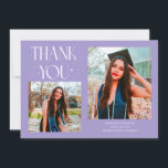 Anúncio Lilac Graduate Thank You 2-Photo<br><div class="desc">Modern and whimsical graduation announcement photo card featuring 2 photos on the front and 1 on the back. The text says "THANK YOU" with twinkling stars. Add the graduate's name,  information,  and message to personalize this card. Lilac.</div>
