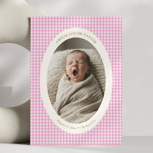 Anúncio Lindo Gingham Rosa Oval Foto Estatísticas de Nasci