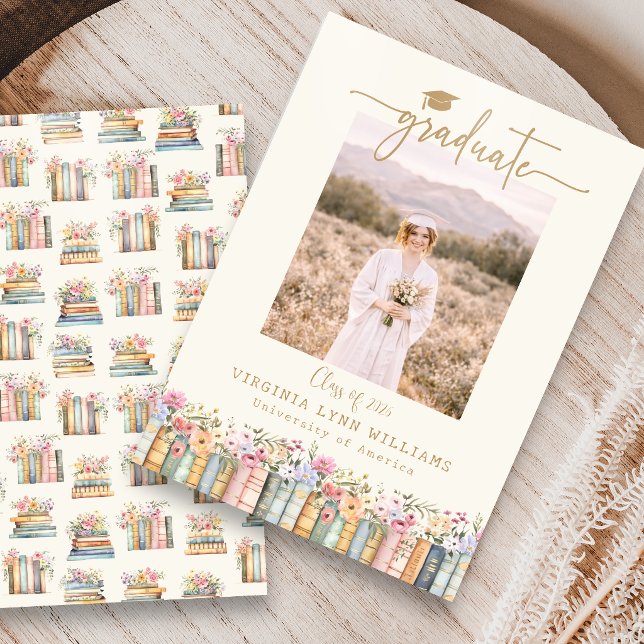 Anúncio Livros Florais Foto Graduação (Floral Books Photo Graduation Announcement
)