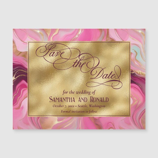 Anúncio magnético Dourado Casamento Rosa Marmoread (Frente)
