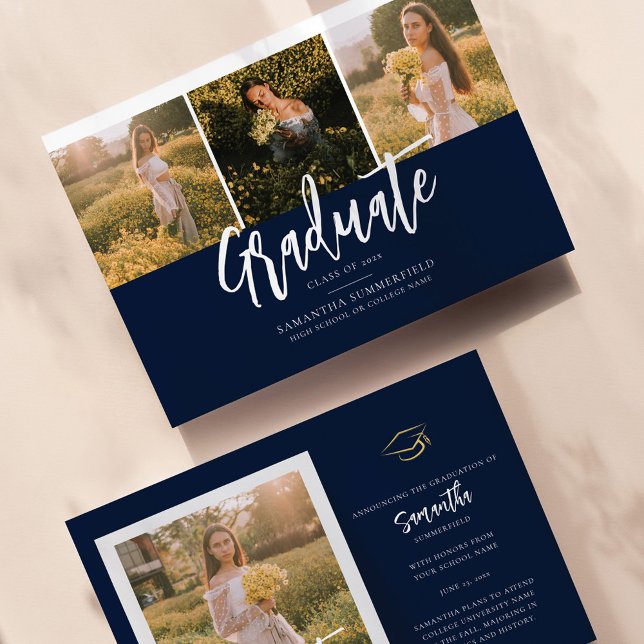 Anúncio Marinho 2025 - Script Azul e Branco (Class of 2024 Graduation Announcement Photo Collage)