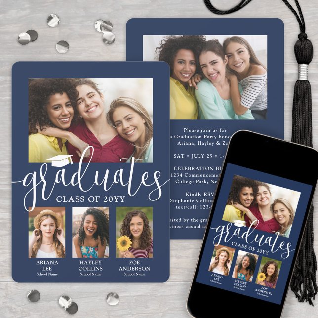 Anúncio Marinho de Colagem de Fotos de Graduação Tripla e  (Criador carregado)