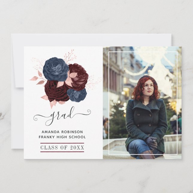 Anúncio Marinho, Maroon e Foto de Graduação Floral Dourada (Frente)