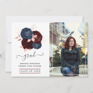 Anúncio Marinho, Maroon e Foto de Graduação Floral Dourada