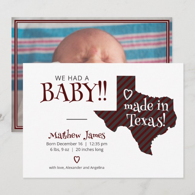 Anúncio Maroon Striped Made in Texas Photo Baby (Frente/Verso)