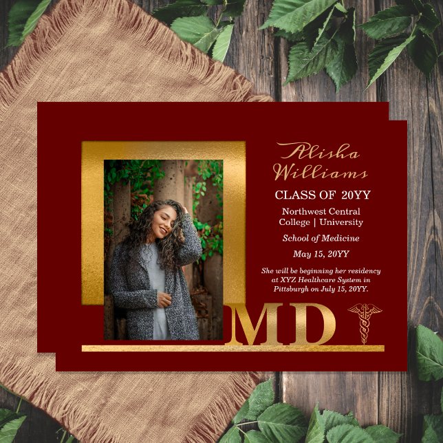 Anúncio MD Caduceus 1 Fotografia Elegante Elegante Clássic (Classy Elegant "MD" Gold Tone and Dark Red | Maroon Graduation Announcement)