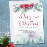 Anúncio Merry Christmas from New Home Watercolor Forest<br><div class="desc">Watercolor Holiday moving announcement card with winter forest and botanical garland of poinsettias and winter greenery. Merry Christmas is hand lettered and the design can be edited for a single person of a family. The wording reads "merry christmas from my / our new home [your new address, sign off and...</div>