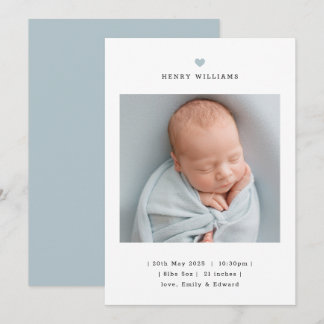 Anúncio Minimalist Blue Heart Boy Birth Announcement
