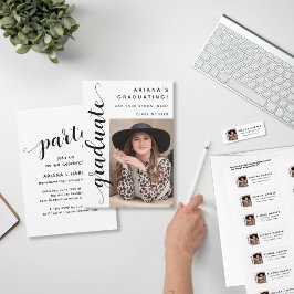 Anúncio Modern Black Script Photo Graduation Invitation