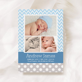Anúncio Modern Chevron Baby Boy Blue Cinza Foto de Nascime