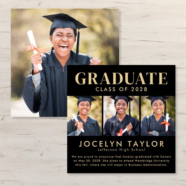 Anúncio Modern Graduate Elegant Black 4 Photo Graduation (Criador carregado)