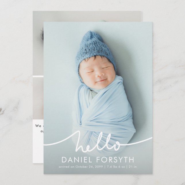 Anúncio Modern Hello Script Newborn Baby Photo Birth (Frente/Verso)