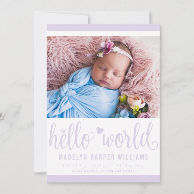 Anúncio Modern Hello World Photo Purple Birth Stat (Frente)