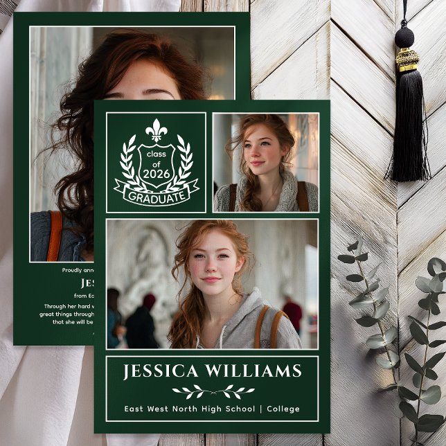 Anúncio Modern Laurels 3 Foto Turma de Formatura de 2026 (Modern Laurels Fleur de Lis Crest Graduate 3 Photo Graduation Announcement -Print | Digital - Green)