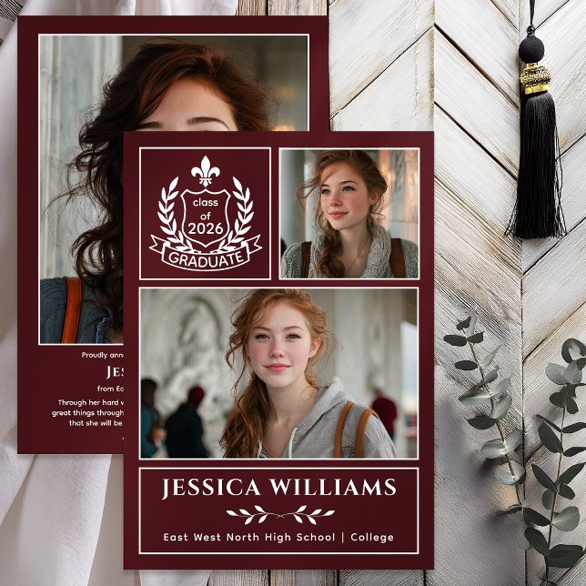 Anúncio Modern Laurels 3 Photo Class of 2026 Graduation  (Modern Laurels | Fleur de Lis Crest Graduate 3 Photo Graduation Announcement -Print | Digital - Wine)