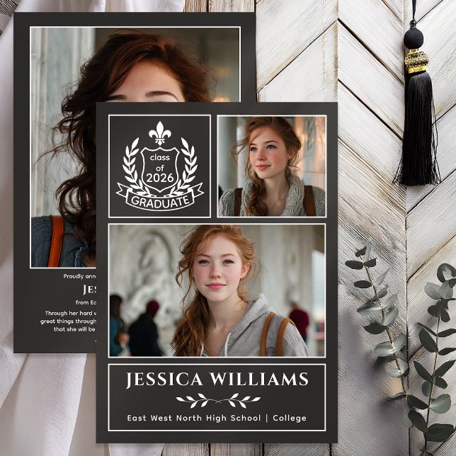 Anúncio Modern Laurels 3 Photo Class of 2026 Graduation  (Modern Laurels | Fleur de Lis Crest Graduate 3 Photo Graduation Announcement -Print | Digital - Gray)