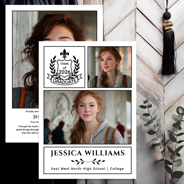 Anúncio Modern Laurels 3 Photo Class of 2026 Graduation  (Modern Laurels | Fleur de Lis Crest Graduate 3 Photo Graduation Announcement -Print | Digital - BW)