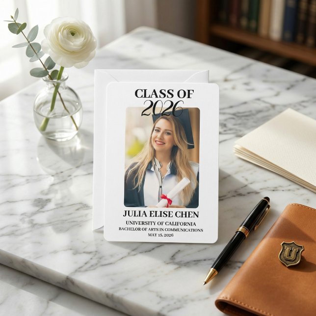 Anúncio Modern Minimalist Photo Graduation Black Script  (Modern Minimalist Photo Graduation Black Script Class of 2026 Elegant Professional)