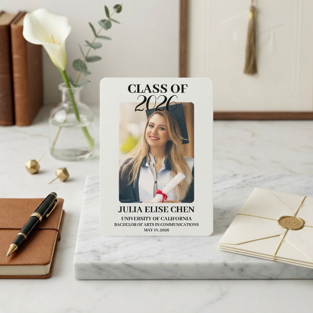 Anúncio Modern Minimalist Photo Graduation Black Script  (Modern Minimalist Photo Graduation Black Script Class of 2026 Elegant Professional)