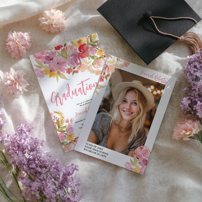 Anúncio Modern photo Boho Pink Lavender floral graduation (Modern photo Boho Pink Lavender floral graduation Announcement)
