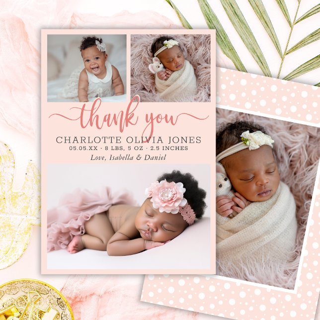 Anúncio Modern Pink Girl Birth Photo Collage Announcement (Criador carregado)
