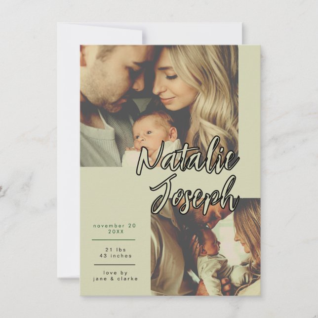 Anúncio Modern Sage Green Unique Script Birth Announcement (Frente)