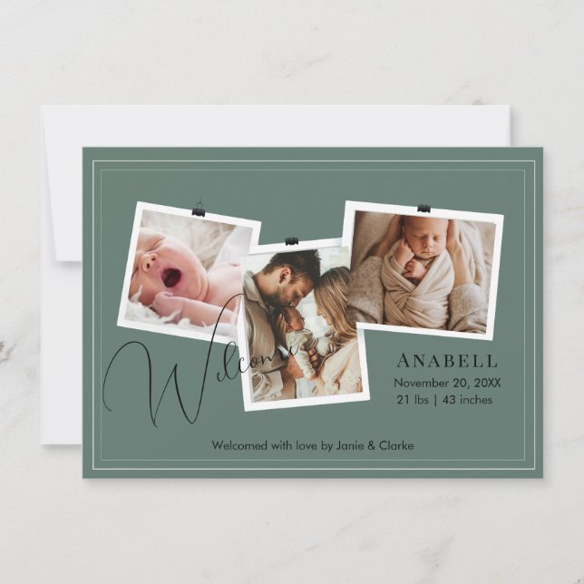 Anúncio Modern Sage Green Zigzag 3 Photo Collage Birth  (Frente)