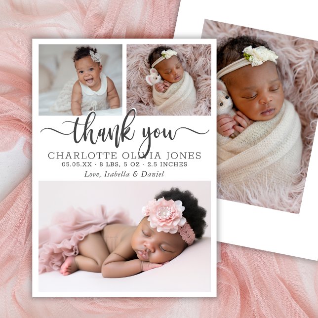 Anúncio Modern Script Baby Girl Photo Collage Birth  (Criador carregado)