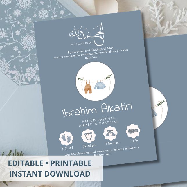 Anúncio Modern Slate Blue Islamic Baby Boy Birth (Criador carregado)