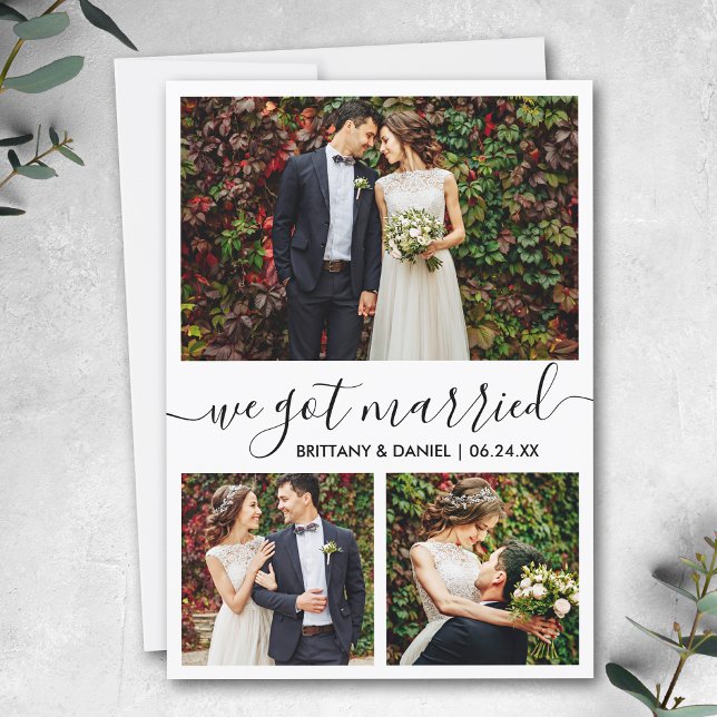 Anúncio Modern Trendy Script 3 Foto Que Casamos (Customize to add text or more photos to back of card.)