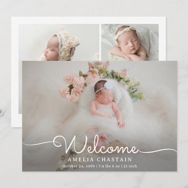 Anúncio Modern Welcome Calligraphy 4 Photo Baby Birth (Frente/Verso)