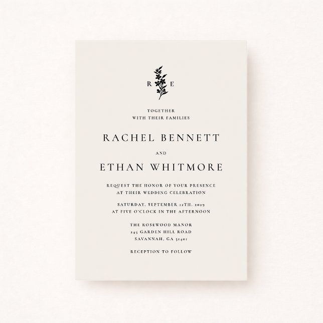 Anúncio modernI vory Botanical Monogram Wedding Invitation (Criador carregado)