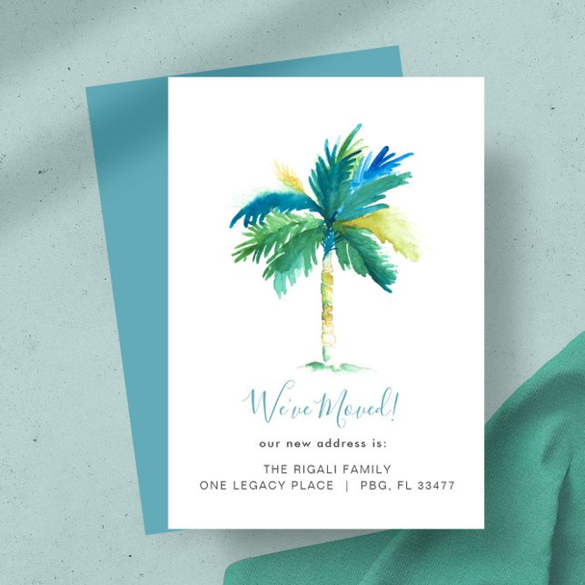 Anúncio Moldura de Água Tropical Palmeira Mudança de Ender (New home moving announcements feature watercolor palm tree art by Victoria Grigaliunas DoTellABelle)