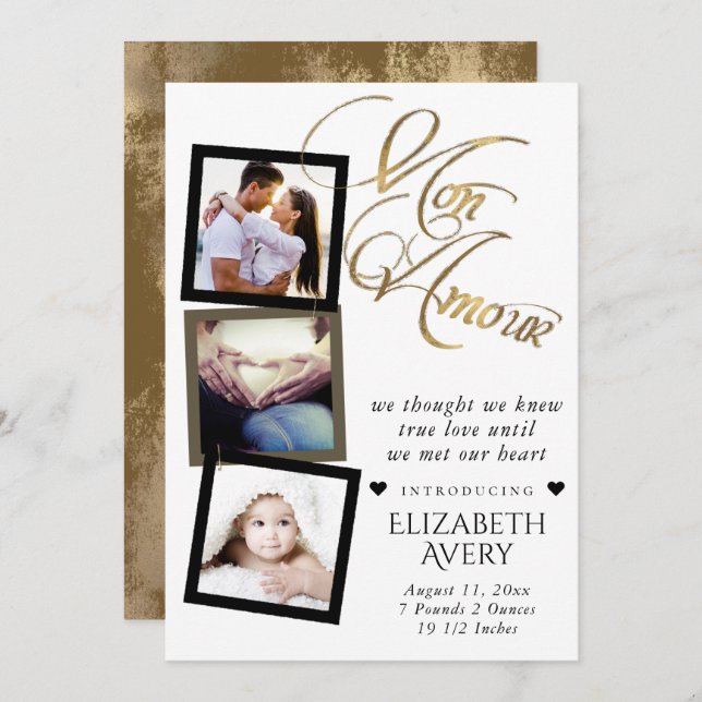 Anúncio Mon Amour | Dourado Grunge Foil Baby Birth 3 Foto (Frente/Verso)