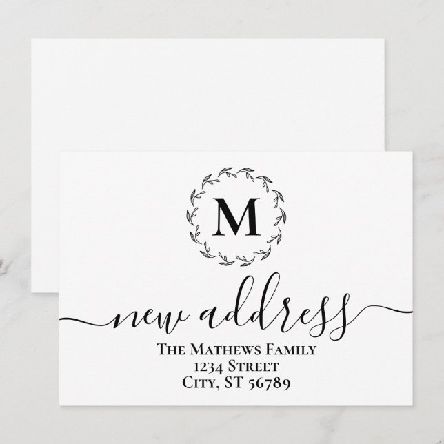 Anúncio Monograma de Coroa Botânica Simples para Novo Ende (Frente/Verso)