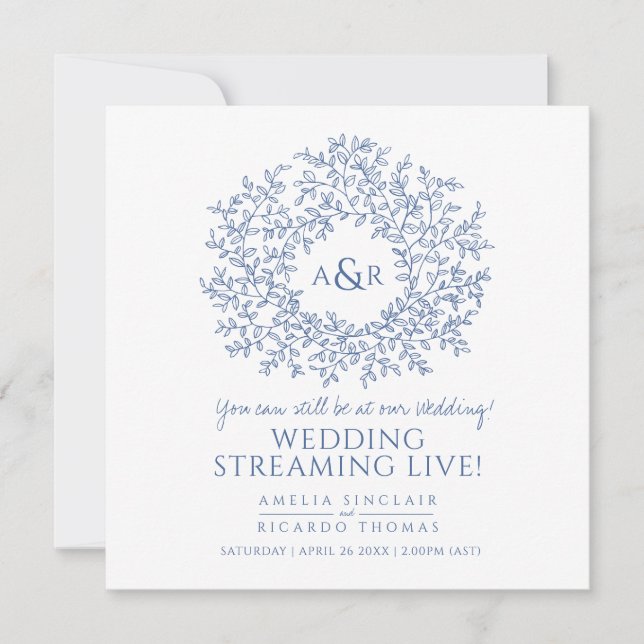 Anúncio Monograma de folhas azuis brancas casamento transm (Frente)