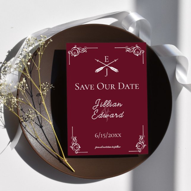 Anúncio Monograma e Setas Vermelhos de Vinho Salvar a Data (Wine Red Monogram and Arrows Save the Date)