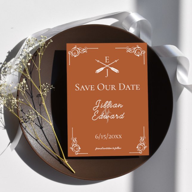 Anúncio Monograma Laranja Queimado e Setas Salvar Data (Burnt Orange Monogram and Arrows Save the Date)