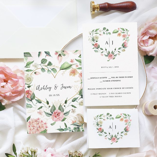 Anúncio Monograma | RSVP de Casamento de Coração Floral Bo (Criador carregado)