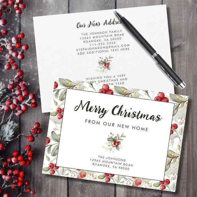 Anúncio Morangos Vermelhos Natal Novo Lar (Red Cranberries Christmas Greenery New Home Announcement Flat Card with Envelope)